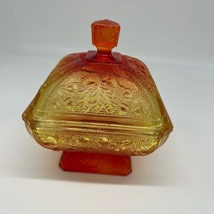 Jeanette Amberina 125 Glass Acorns Leaves Covered Candy Dish Lid Red Orange VTG